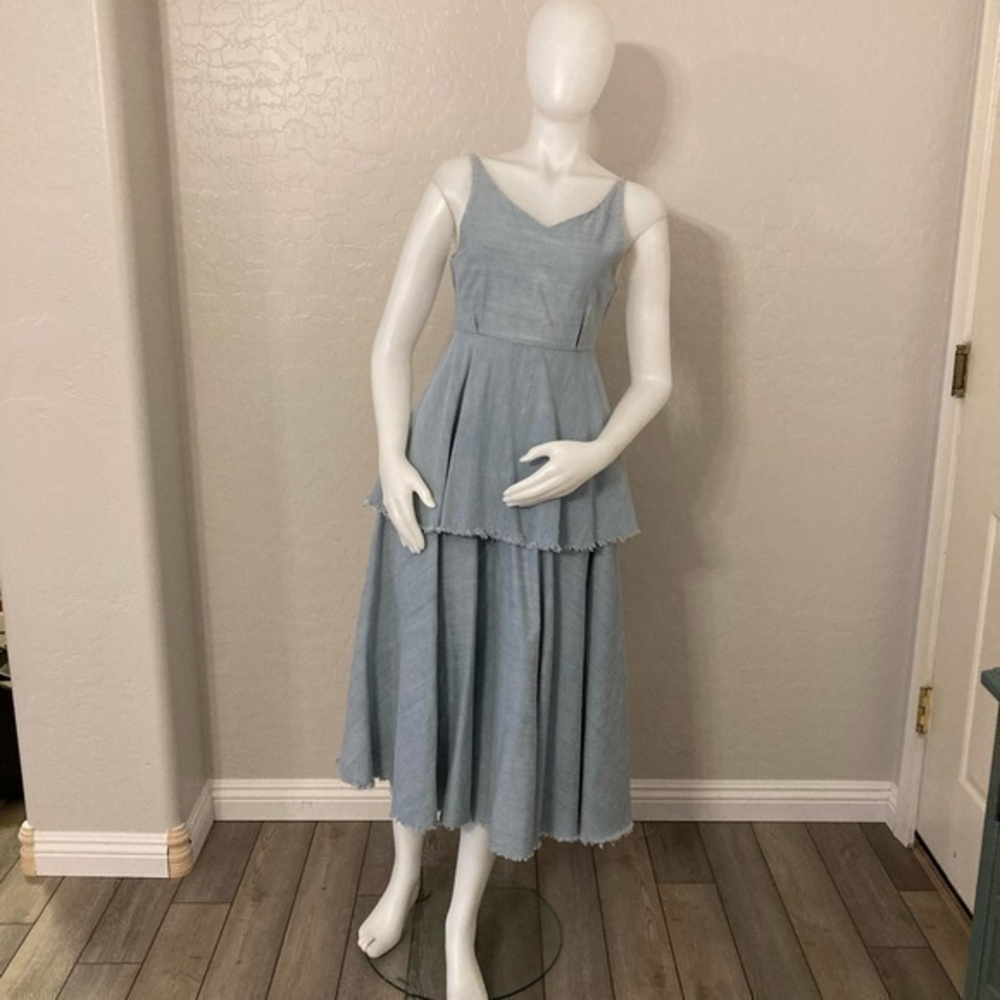 Double Tiered Distressed Sleeveless Denim MIDI Dress Small